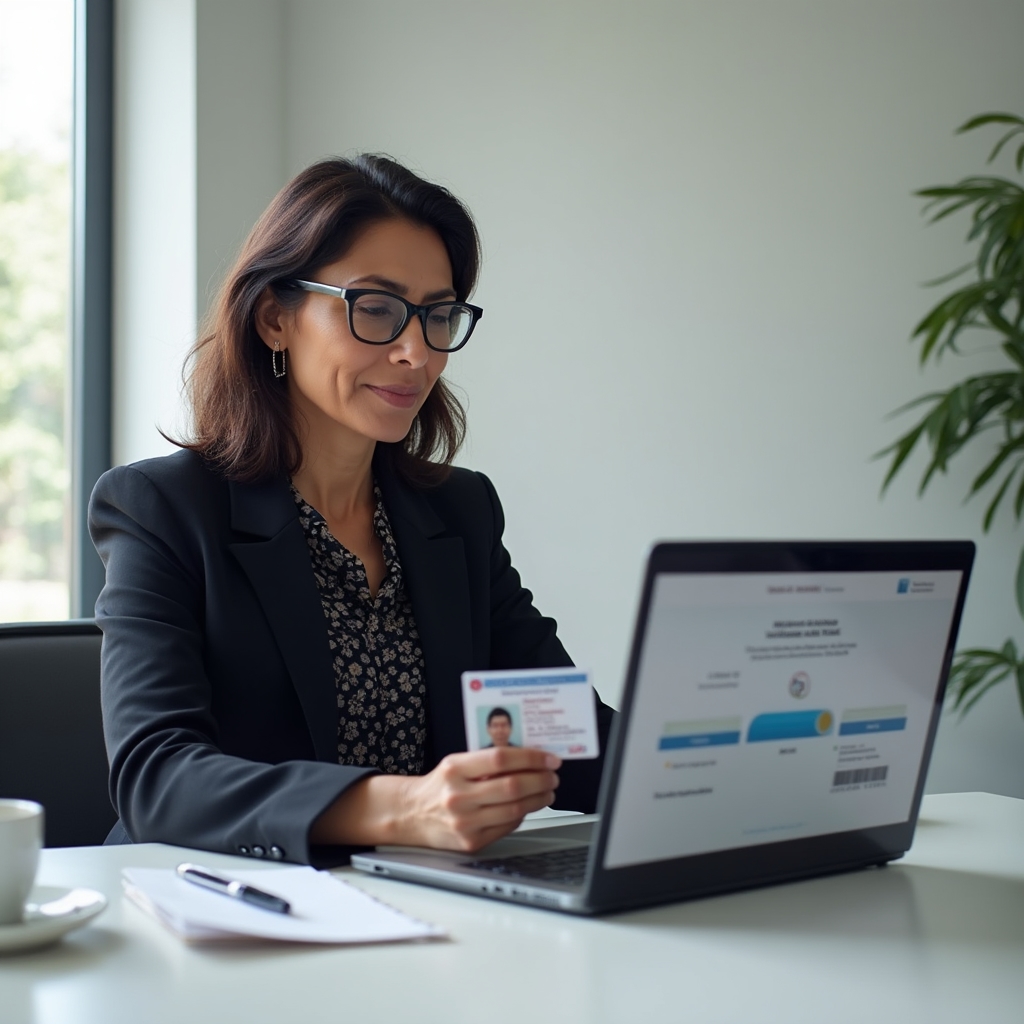 User submitting identity documents for KYC verification on a laptop in a modern workspace